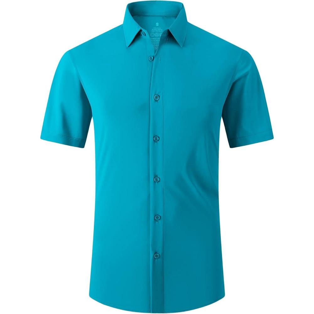 imageSAMERM Mens Dress Shirt Wrinkle Free Moisture Wicking 4Way High Stretch Super Soft Casual Button Down ShirtsTurquoise Short Sleeve Shirt