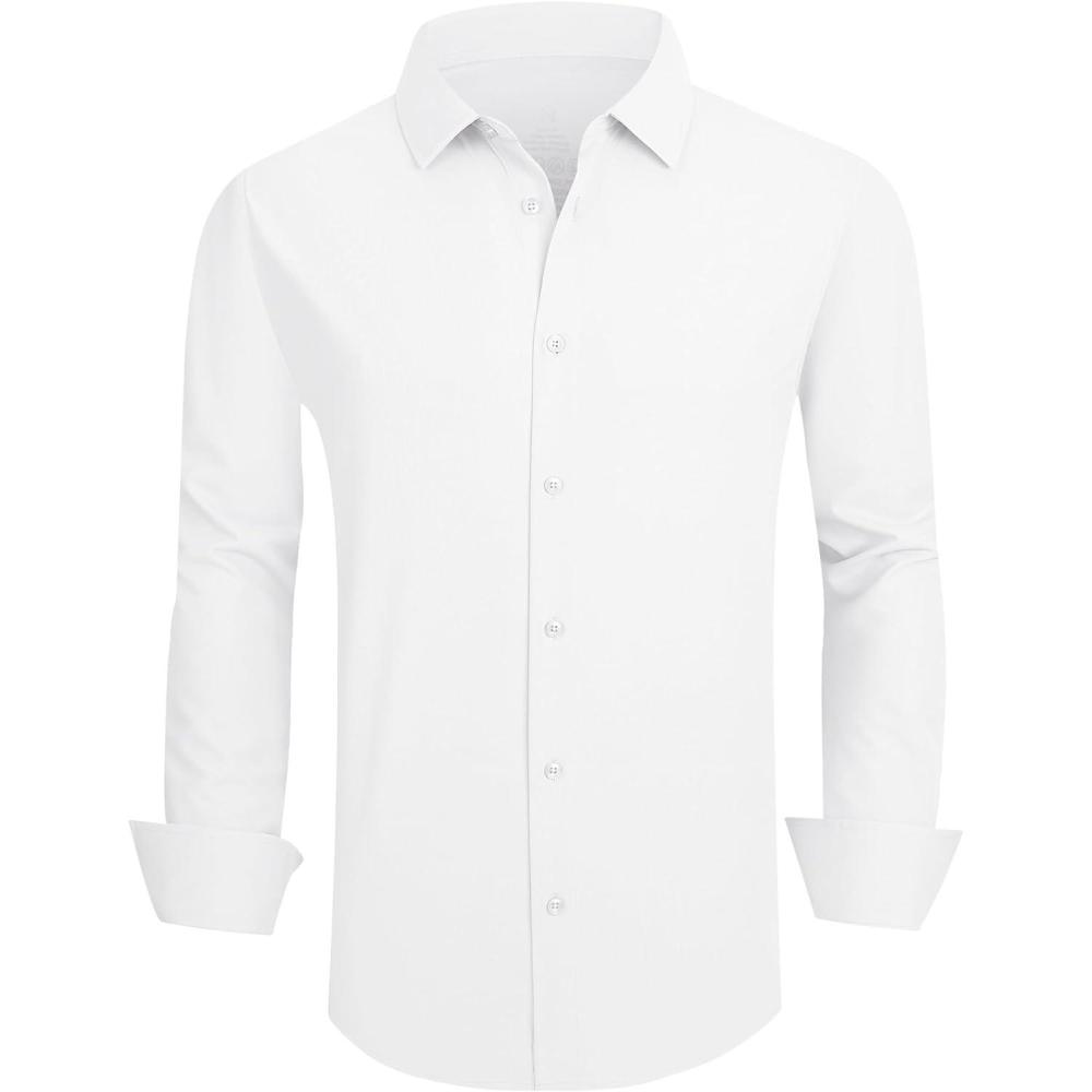 imageSAMERM Mens Dress Shirt Wrinkle Free Moisture Wicking 4Way High Stretch Super Soft Casual Button Down ShirtsWhite Long Sleeve Shirt