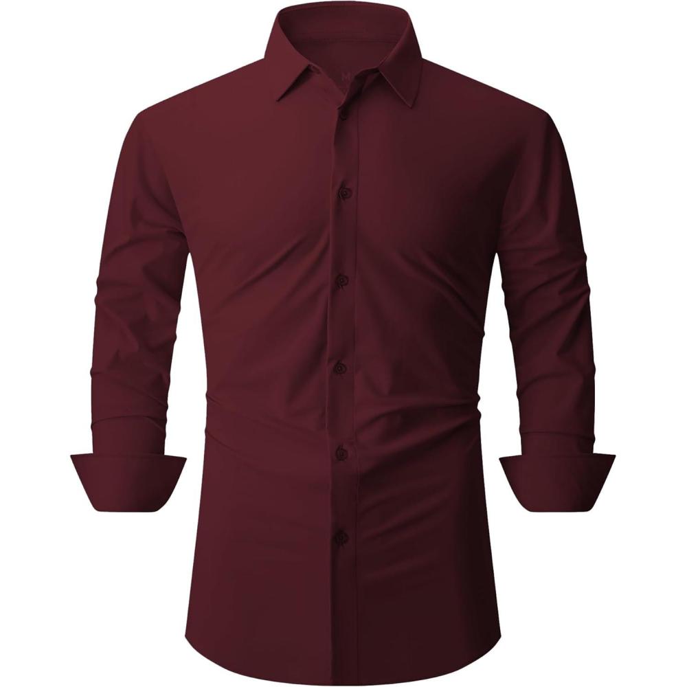 imageSAMERM Mens Dress Shirt Wrinkle Free Moisture Wicking 4Way High Stretch Super Soft Casual Button Down ShirtsWine Long Sleeve Shirt