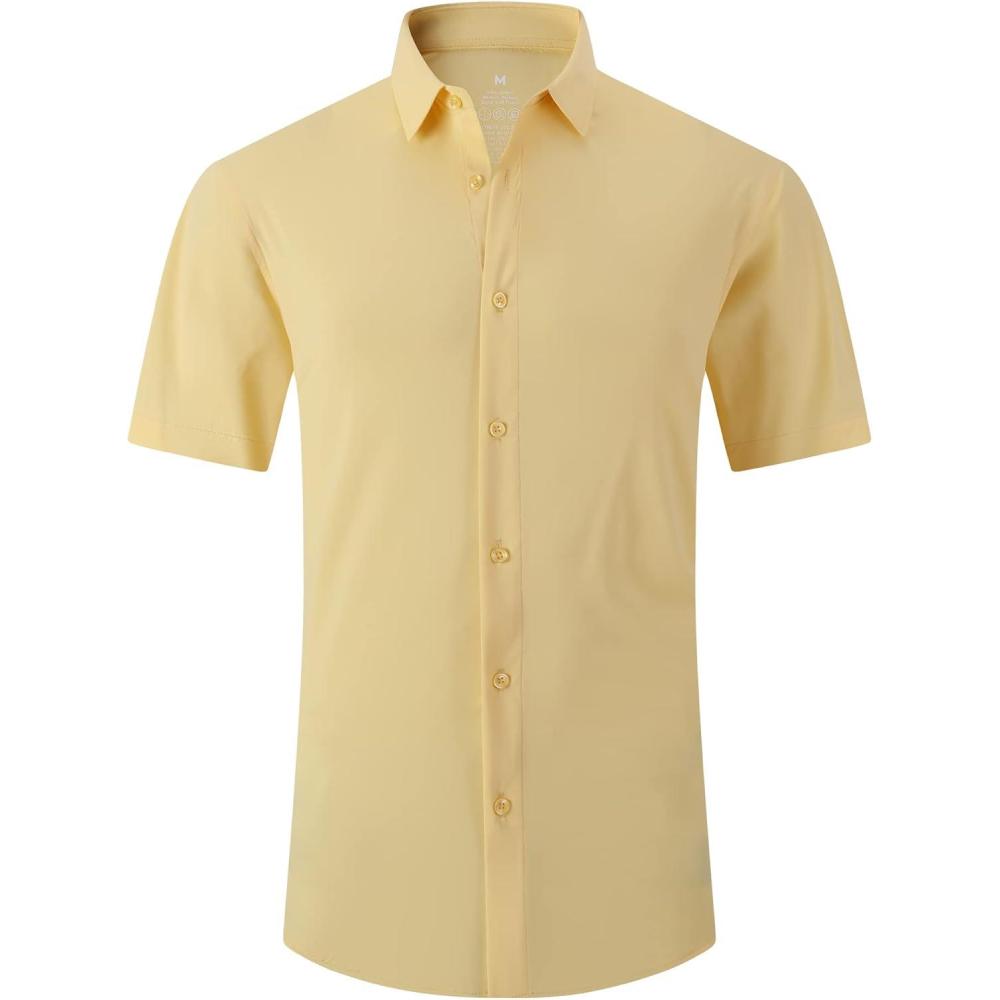 imageSAMERM Mens Dress Shirt Wrinkle Free Moisture Wicking 4Way High Stretch Super Soft Casual Button Down ShirtsYellow Short Sleeve Shirt