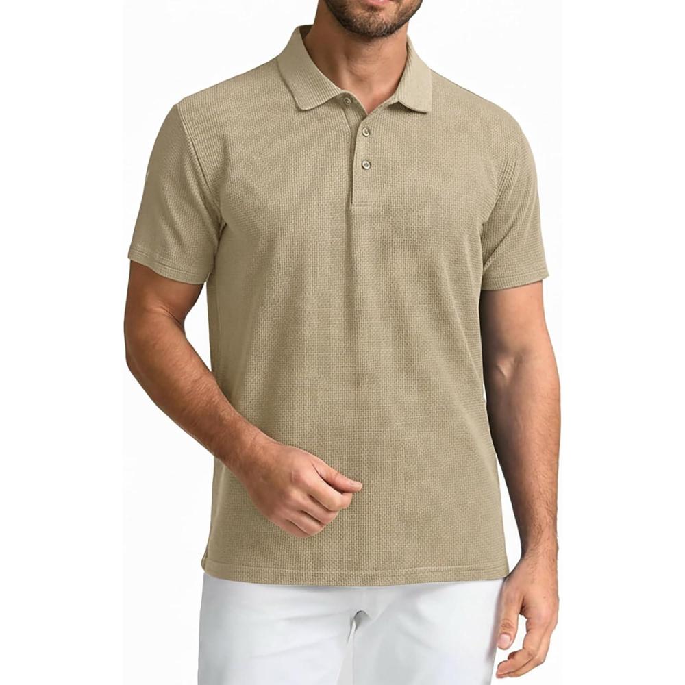 imageSAMERM Mens Knit Polo Shirts Short Sleeve Textured Casual Polo Shirt Fashion Stylish Lightweight Breathable T Shirt for Men126beige Golf Polo