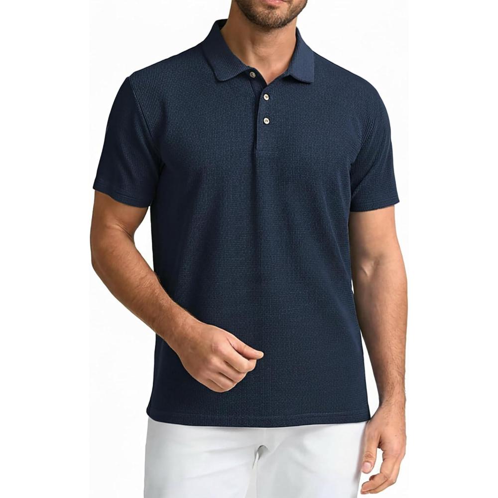 imageSAMERM Mens Knit Polo Shirts Short Sleeve Textured Casual Polo Shirt Fashion Stylish Lightweight Breathable T Shirt for Men126navy Golf Polo