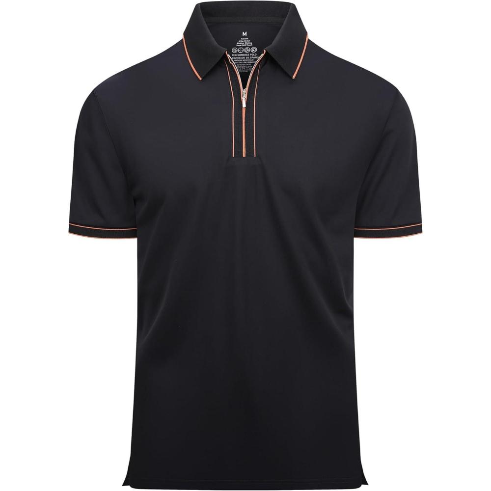 imageSAMERM Mens Zipper Golf Shirts Short Sleeve Casual Polo Shirts Moisture Wicking Solid Golf Shirt FashionBlack Polo Shirt