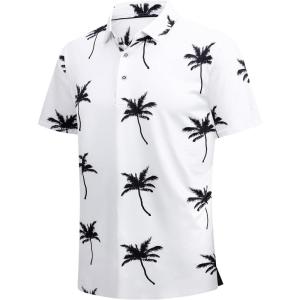 SAMERM Golf Shirts for Men Super Stretch Jacquard Dry Fit Golf Polo Moisture Wicking Short Sleeve Polo Shirts for Men(White Coconuttree Polo)