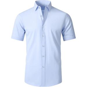 SAMERM Mens Dress Shirt Wrinkle Free Moisture Wicking 4-Way High Stretch Super Soft Casual Button Down Shirts(Blue Short Sleeve Shirt)