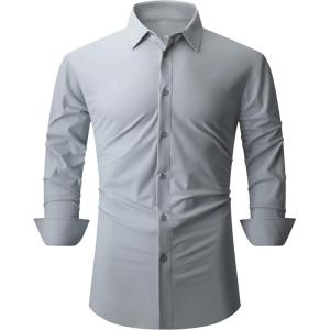 SAMERM Mens Dress Shirt Wrinkle Free Moisture Wicking 4-Way High Stretch Super Soft Casual Button Down Shirts(Grey Long Sleeve Shirt)