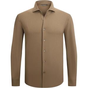 SAMERM Mens Dress Shirt Wrinkle Free Moisture Wicking 4-Way High Stretch Super Soft Casual Button Down Shirts(Stripe Brown)