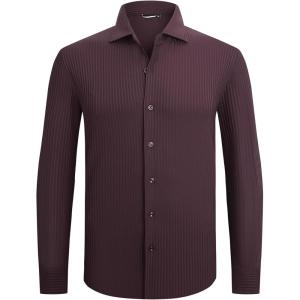 SAMERM Mens Dress Shirt Wrinkle Free Moisture Wicking 4-Way High Stretch Super Soft Casual Button Down Shirts(Stripe Burgundy)