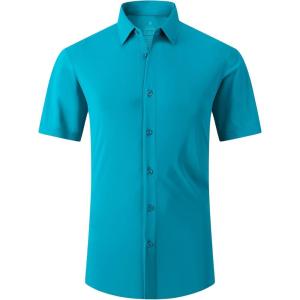 SAMERM Mens Dress Shirt Wrinkle Free Moisture Wicking 4-Way High Stretch Super Soft Casual Button Down Shirts(Turquoise Short Sleeve Shirt)