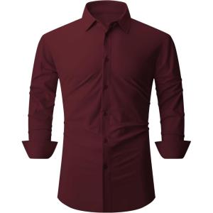 SAMERM Mens Dress Shirt Wrinkle Free Moisture Wicking 4-Way High Stretch Super Soft Casual Button Down Shirts(Wine Long Sleeve Shirt)