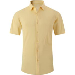 SAMERM Mens Dress Shirt Wrinkle Free Moisture Wicking 4-Way High Stretch Super Soft Casual Button Down Shirts(Yellow Short Sleeve Shirt)