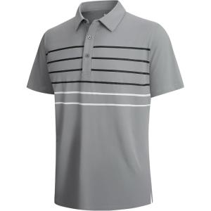 SAMERM Mens Golf Shirt Moisture Wicking Dry Fit Performance Sport Short Sleeve Striped Golf Polo Shirts for Men,Grey L