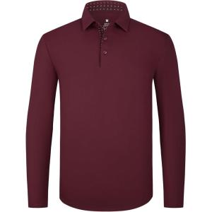 SAMERM Men’s Long Sleeve Golf Shirts Casual Polo Shirts for Men Performance Collar Shirts Workwear Office(Mens Polo Wine Red)