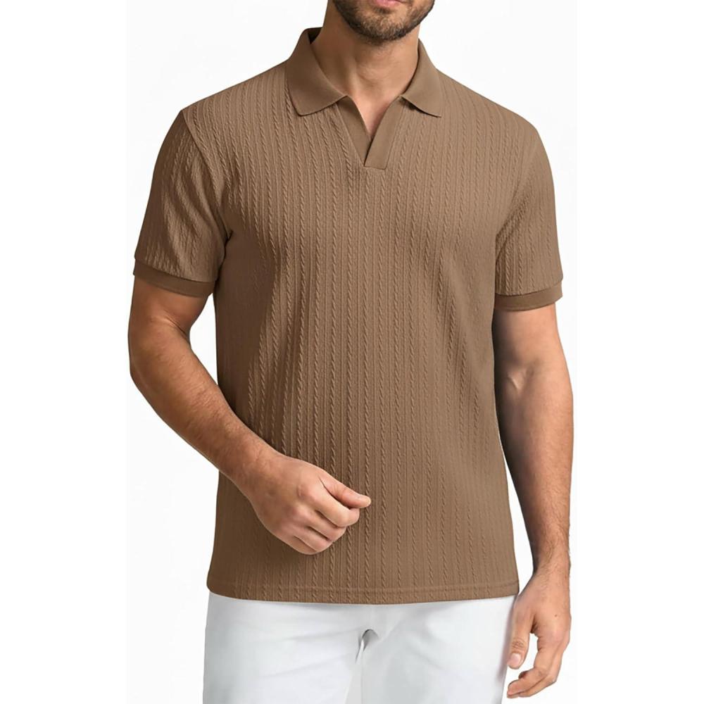 imageSAMERM Mens Knit Polo Shirts Short Sleeve Textured Casual Polo Shirt Fashion Stylish Lightweight Breathable T Shirt for MenCoffee