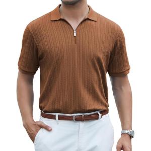 SAMERM Mens Knit Polo Shirts Short Sleeve Textured Casual Polo Shirt Fashion Stylish Lightweight Breathable T Shirt for Men(Brown)