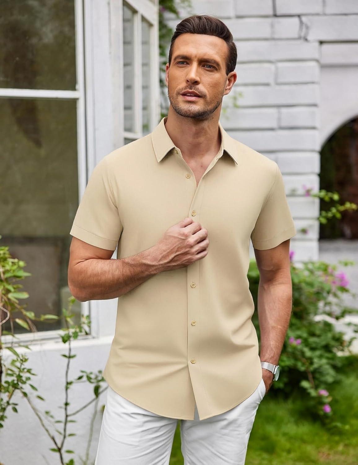 imageSAMERM Mens Dress Shirt Wrinkle Free Moisture Wicking 4Way High Stretch Super Soft Casual Button Down ShirtsKhaki Short Sleeve Shirt