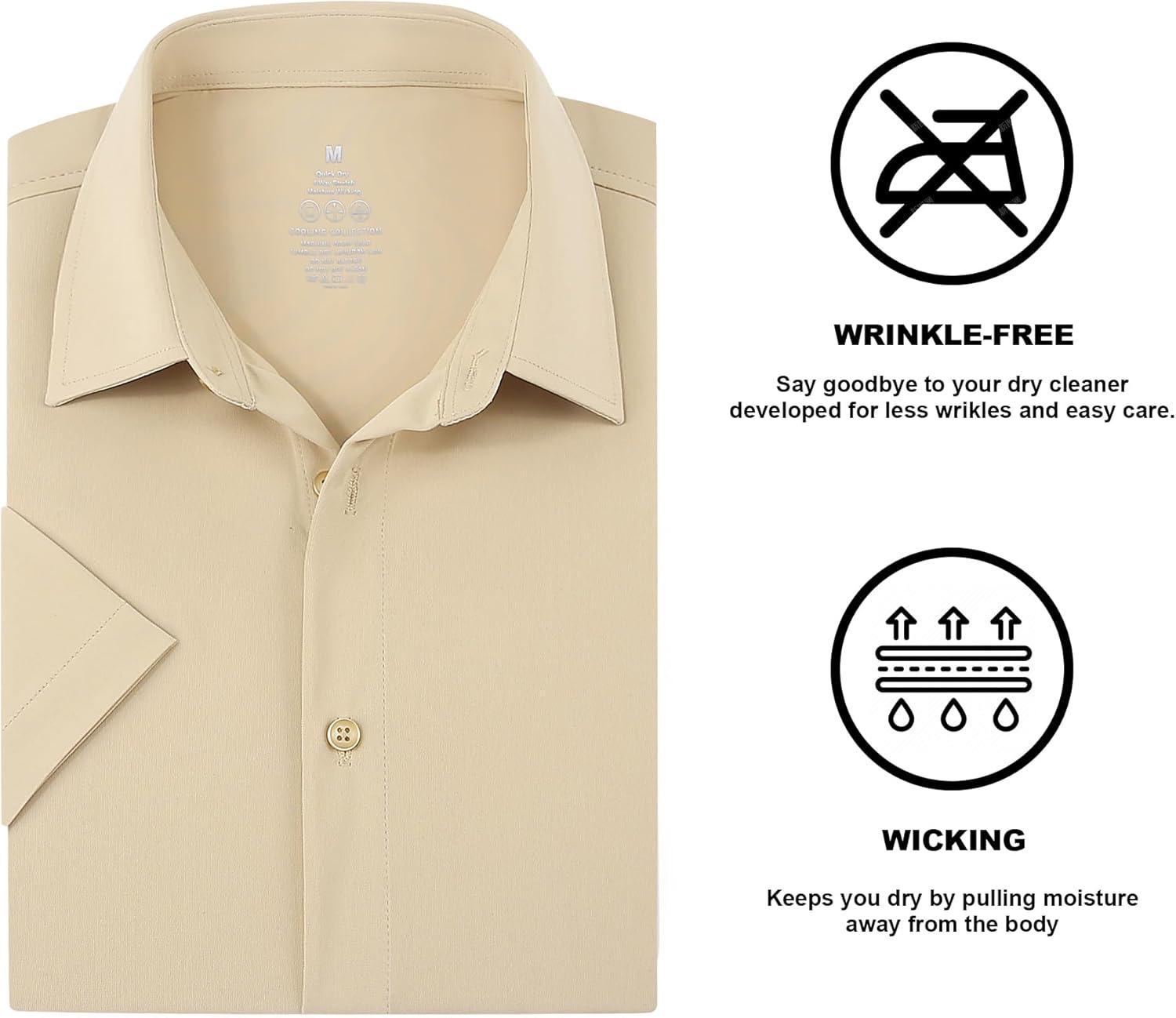imageSAMERM Mens Dress Shirt Wrinkle Free Moisture Wicking 4Way High Stretch Super Soft Casual Button Down ShirtsKhaki Short Sleeve Shirt