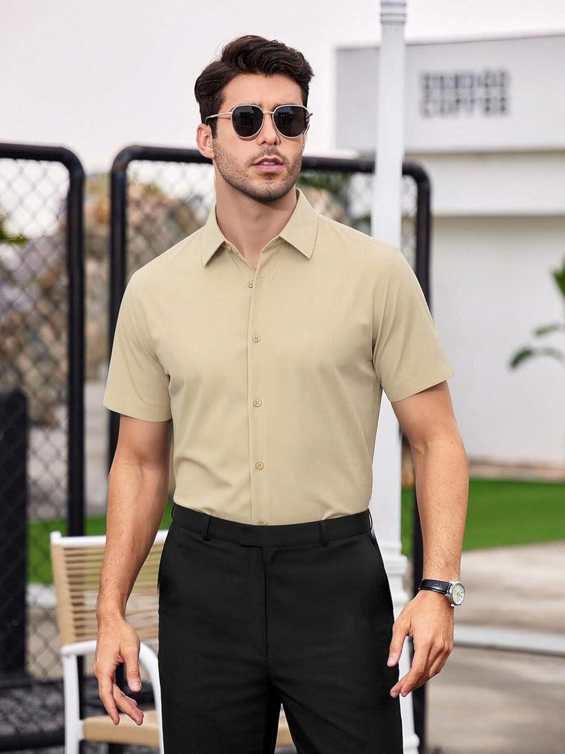 imageSAMERM Mens Dress Shirt Wrinkle Free Moisture Wicking 4Way High Stretch Super Soft Casual Button Down ShirtsKhaki Short Sleeve Shirt