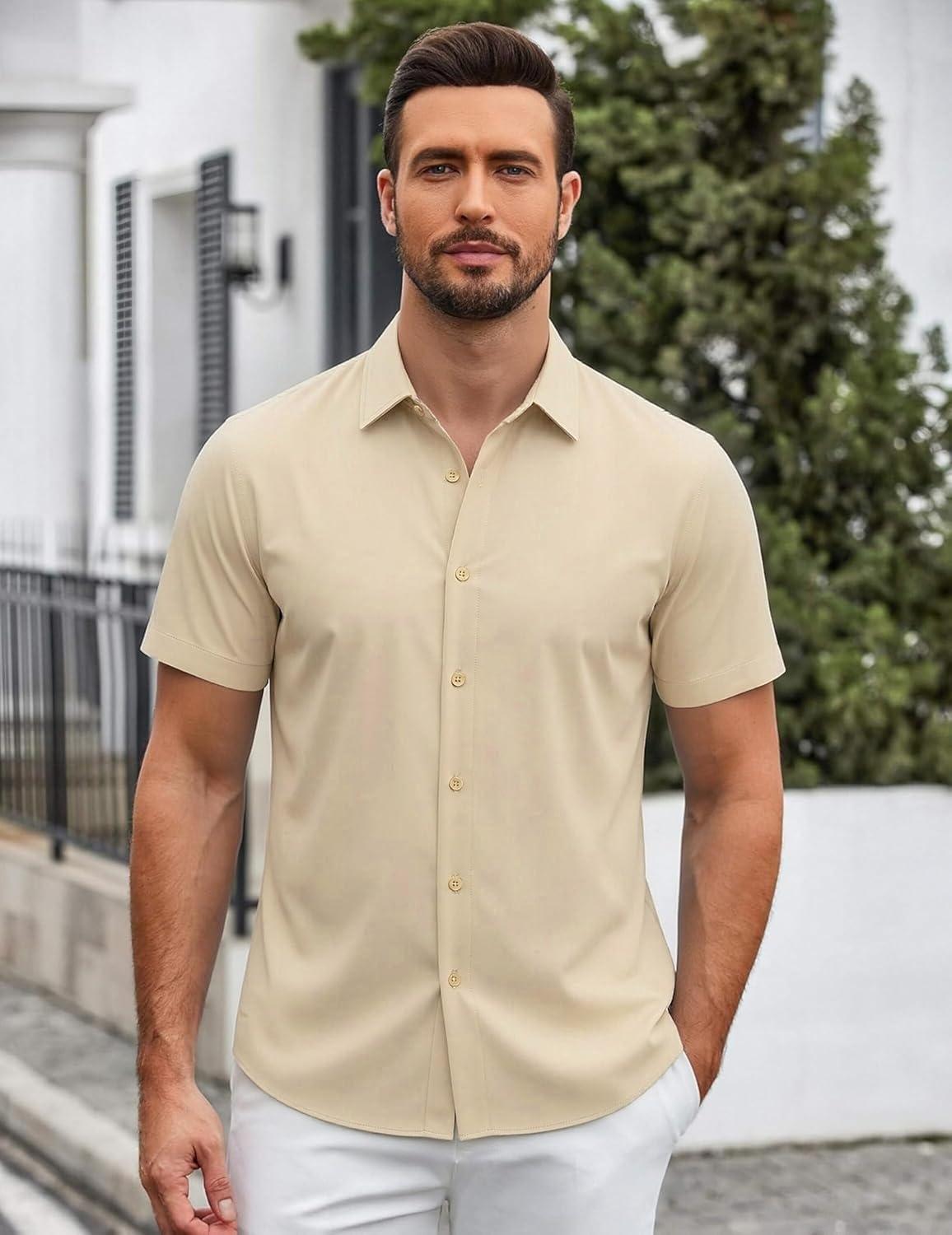 imageSAMERM Mens Dress Shirt Wrinkle Free Moisture Wicking 4Way High Stretch Super Soft Casual Button Down ShirtsKhaki Short Sleeve Shirt