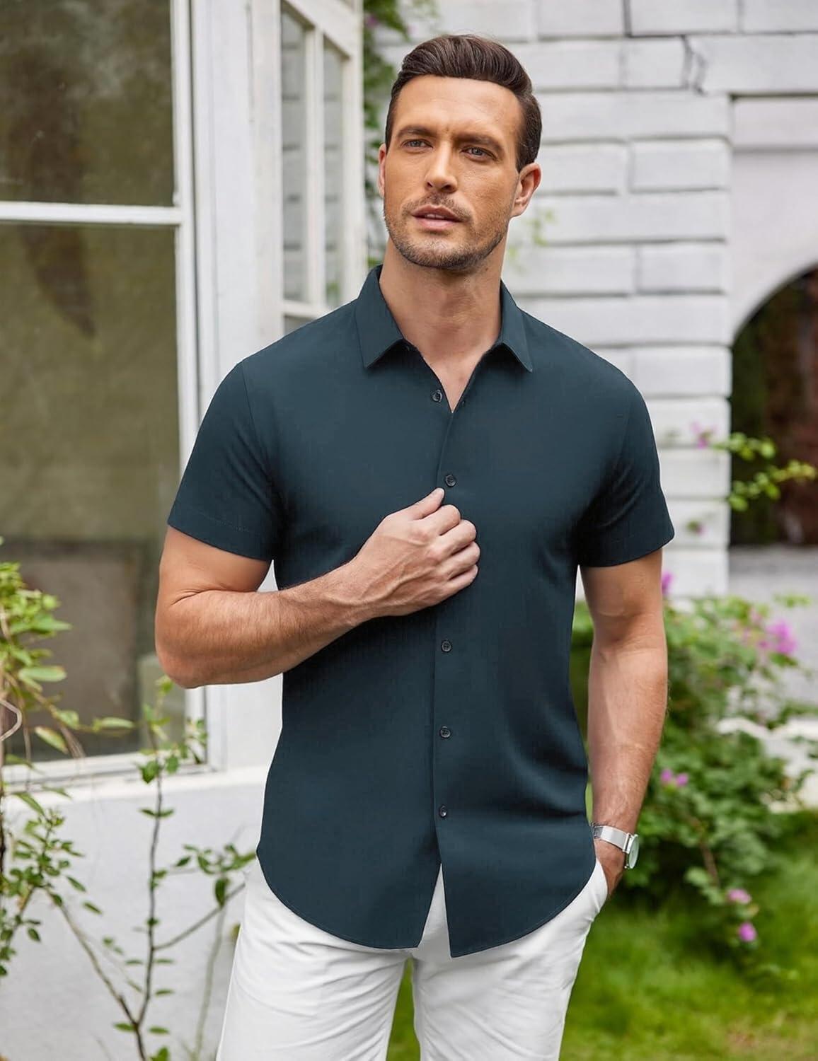 imageSAMERM Mens Dress Shirt Wrinkle Free Moisture Wicking 4Way High Stretch Super Soft Casual Button Down ShirtsNavy Short Sleeve Shirt