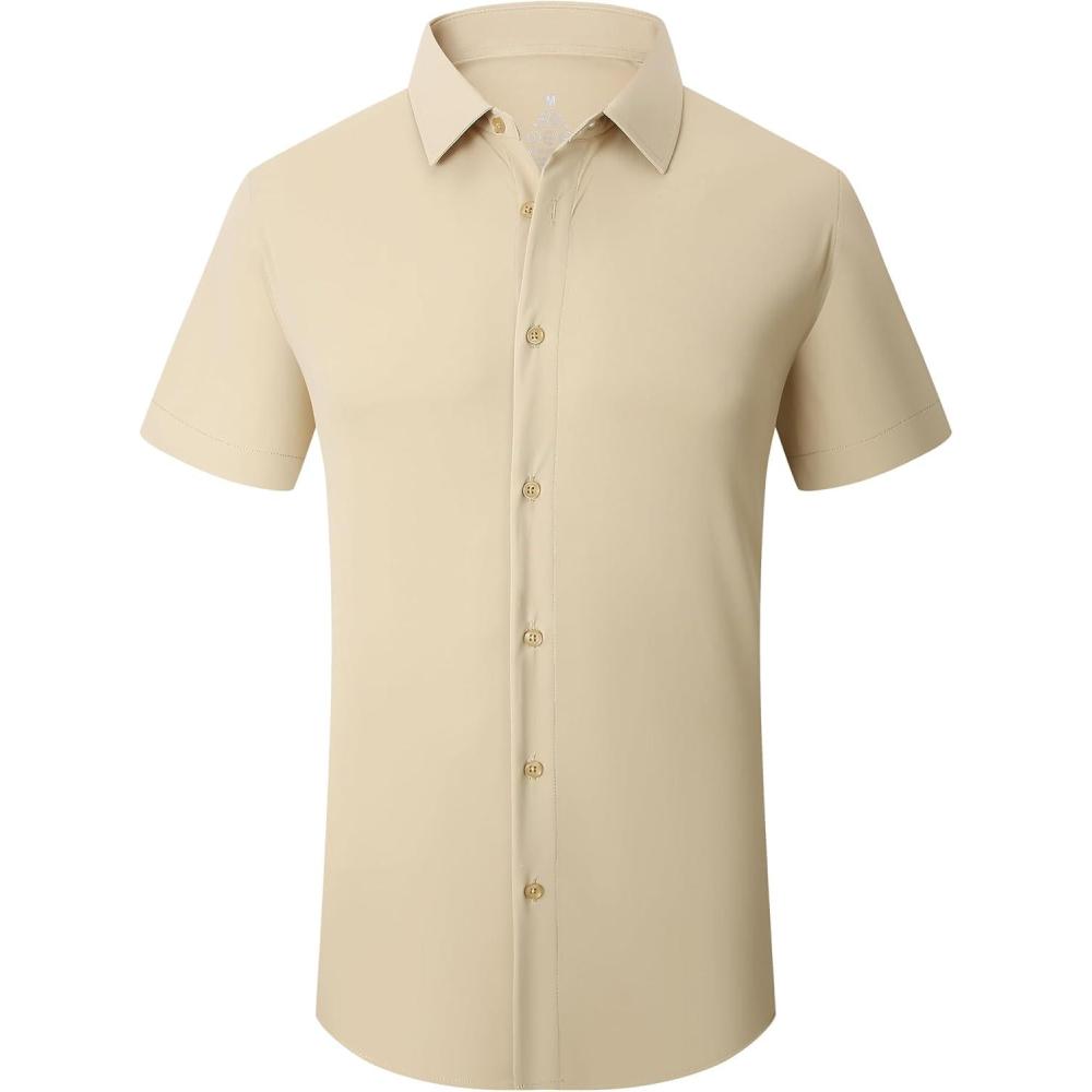 imageSAMERM Mens Dress Shirt Wrinkle Free Moisture Wicking 4Way High Stretch Super Soft Casual Button Down ShirtsKhaki Short Sleeve Shirt
