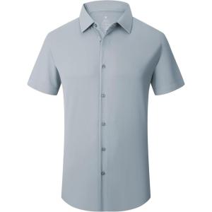 SAMERM Mens Dress Shirt Wrinkle Free Moisture Wicking 4-Way High Stretch Super Soft Casual Button Down Shirts(Grey Short Sleeve Shirt)