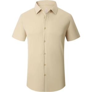 SAMERM Mens Dress Shirt Wrinkle Free Moisture Wicking 4-Way High Stretch Super Soft Casual Button Down Shirts(Khaki Short Sleeve Shirt)
