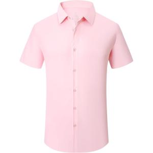SAMERM Mens Dress Shirt Wrinkle Free Moisture Wicking 4-Way High Stretch Super Soft Casual Button Down Shirts(Lightpink Short Sleeve Shirt)