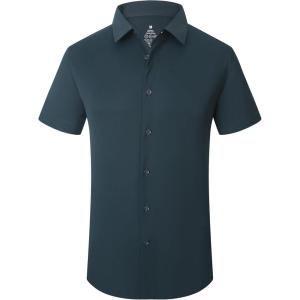 SAMERM Mens Dress Shirt Wrinkle Free Moisture Wicking 4-Way High Stretch Super Soft Casual Button Down Shirts(Navy Short Sleeve Shirt)