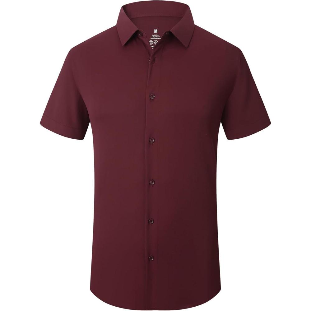 imageSAMERM Mens Dress Shirt Wrinkle Free Moisture Wicking 4Way High Stretch Super Soft Casual Button Down ShirtsWine Short Sleeve Shirt