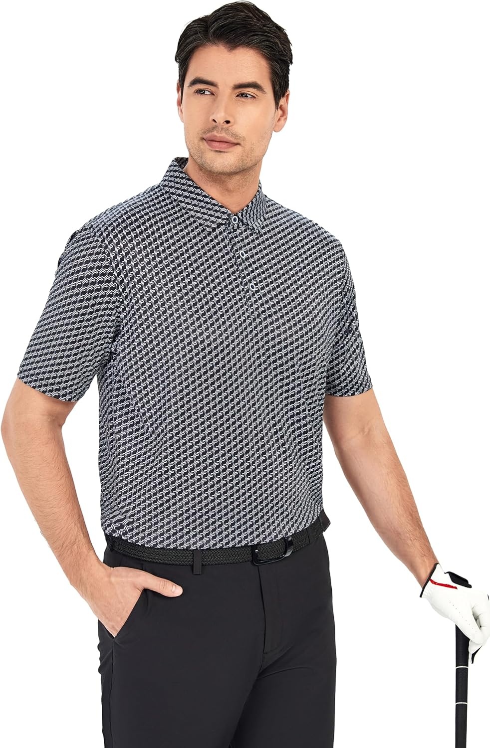 image:imageSAMERM Golf Shirts for Men Super Stretch Jacquard Dry Fit Golf Polo Moisture Wicking Short Sleeve Polo Shirts for MenWaveblack