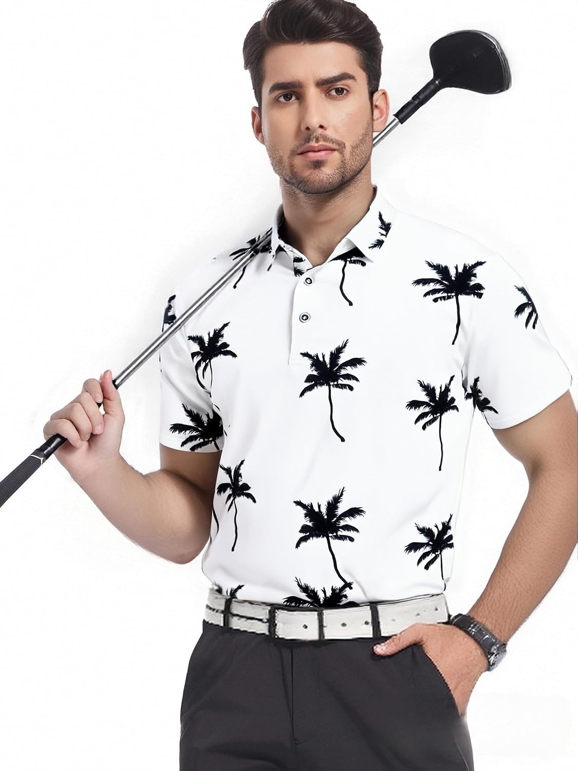 image:imageSAMERM Golf Shirts for Men Super Stretch Jacquard Dry Fit Golf Polo Moisture Wicking Short Sleeve Polo Shirts for MenWhiteb