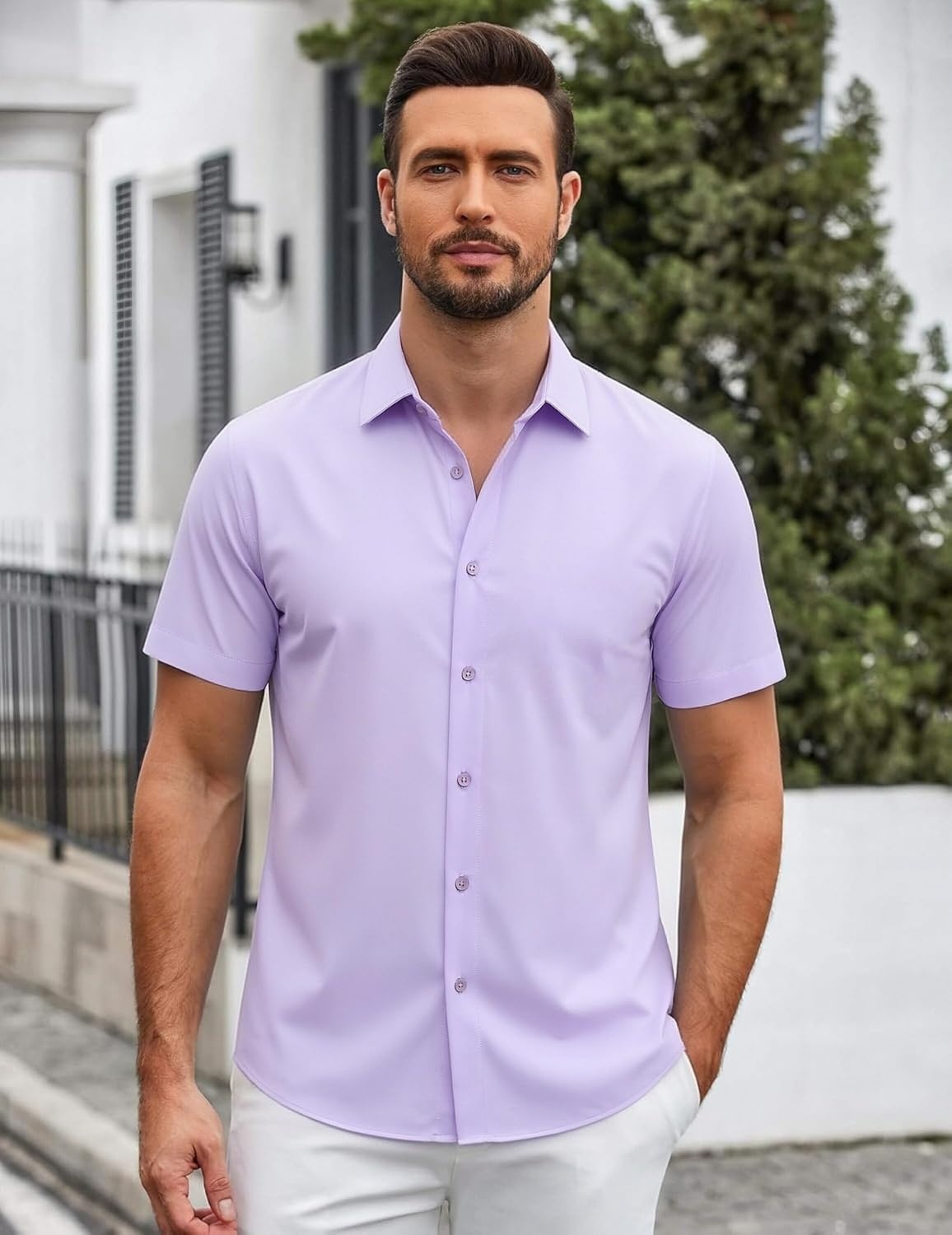 image:imageSAMERM Mens Dress Shirt Stretch Wrinkle Free Casual Button Down Shirts 4Way Stretch amp Moisture Wicking Performance Shirt for Business Wedding Work Church Easy Care Lightweight amp BreathableA7purple