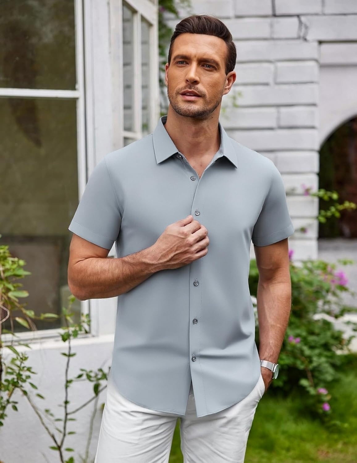 image:imageSAMERM Mens Dress Shirt Stretch Wrinkle Free Casual Button Down Shirts 4Way Stretch amp Moisture Wicking Performance Shirt for Business Wedding Work Church Easy Care Lightweight amp BreathableA8grey