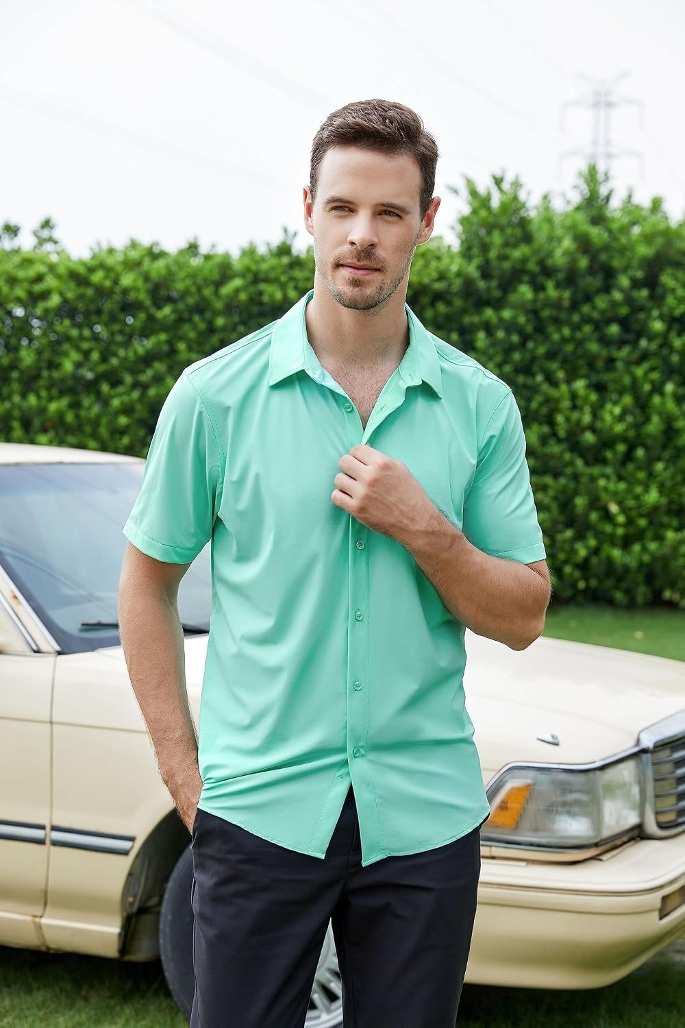 image:imageSAMERM Mens Dress Shirt Stretch Wrinkle Free Casual Button Down Shirts 4Way Stretch amp Moisture Wicking Performance Shirt for Business Wedding Work Church Easy Care Lightweight amp BreathableA13lightgreen