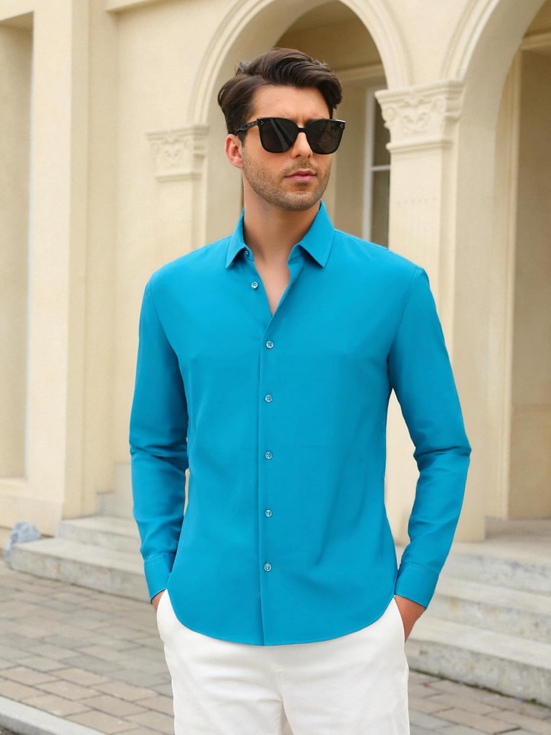 image:imageSAMERM Mens Dress Shirt Stretch Wrinkle Free Casual Button Down Shirts 4Way Stretch amp Moisture Wicking Performance Shirt for Business Wedding Work Church Easy Care Lightweight amp BreathableB11lake Blue
