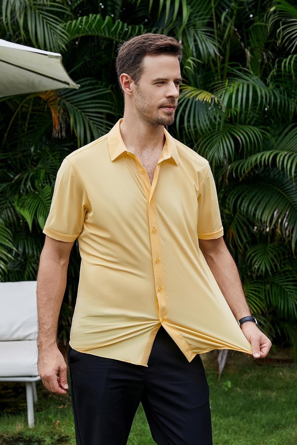 image:imageSAMERM Mens Dress Shirt Stretch Wrinkle Free Casual Button Down Shirts 4Way Stretch amp Moisture Wicking Performance Shirt for Business Wedding Work Church Easy Care Lightweight amp BreathableA12yellow