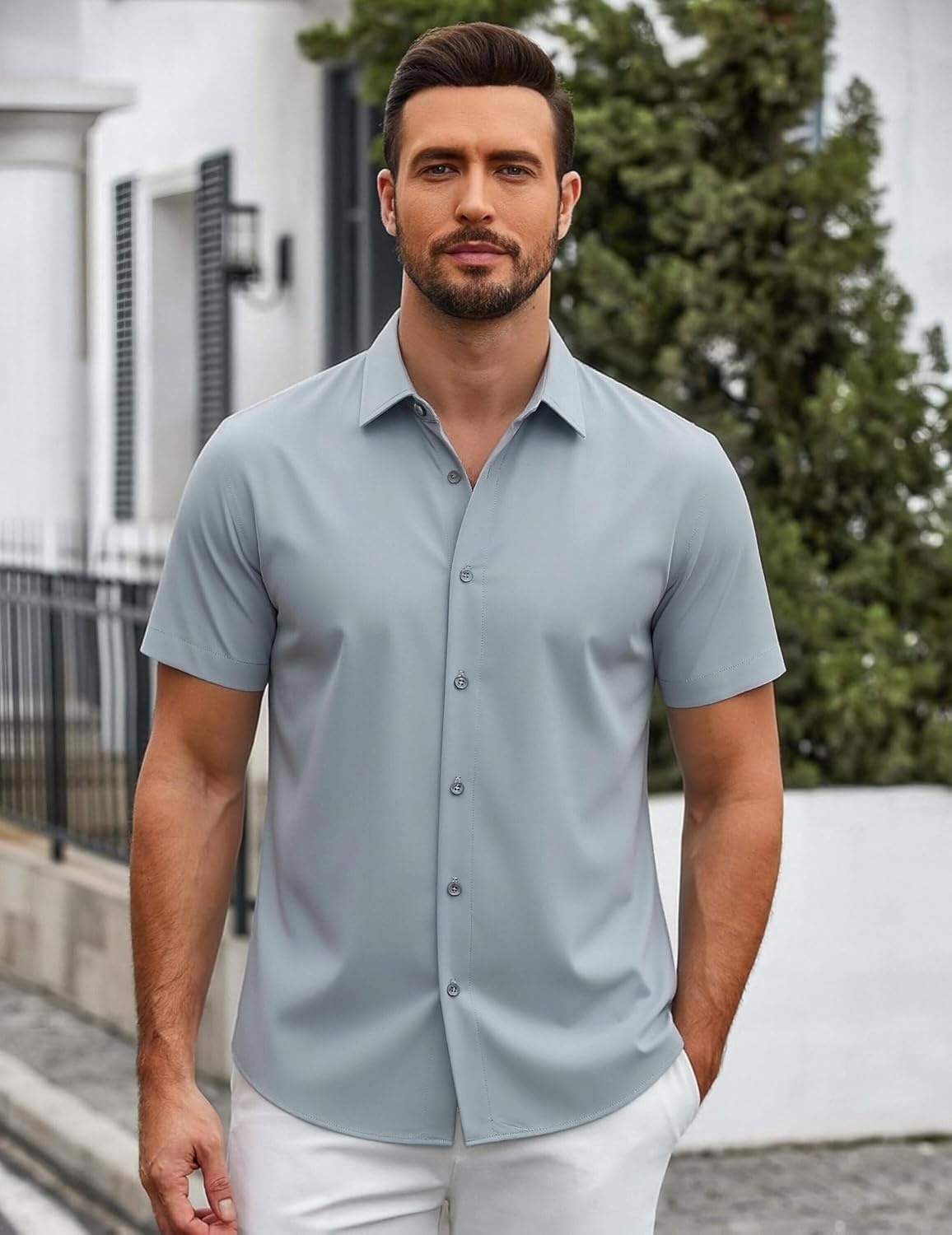 image:imageSAMERM Mens Dress Shirt Stretch Wrinkle Free Casual Button Down Shirts 4Way Stretch amp Moisture Wicking Performance Shirt for Business Wedding Work Church Easy Care Lightweight amp BreathableA8grey