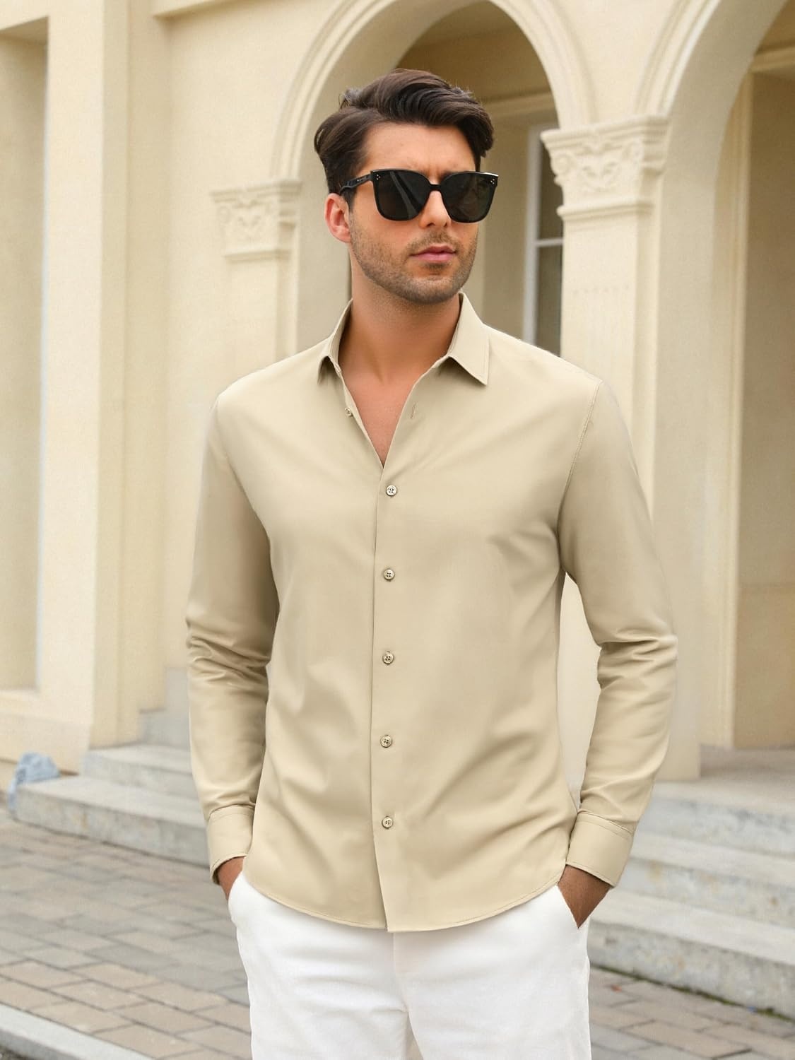 image:imageSAMERM Mens Dress Shirt Stretch Wrinkle Free Casual Button Down Shirts 4Way Stretch amp Moisture Wicking Performance Shirt for Business Wedding Work Church Easy Care Lightweight amp BreathableB8khaki