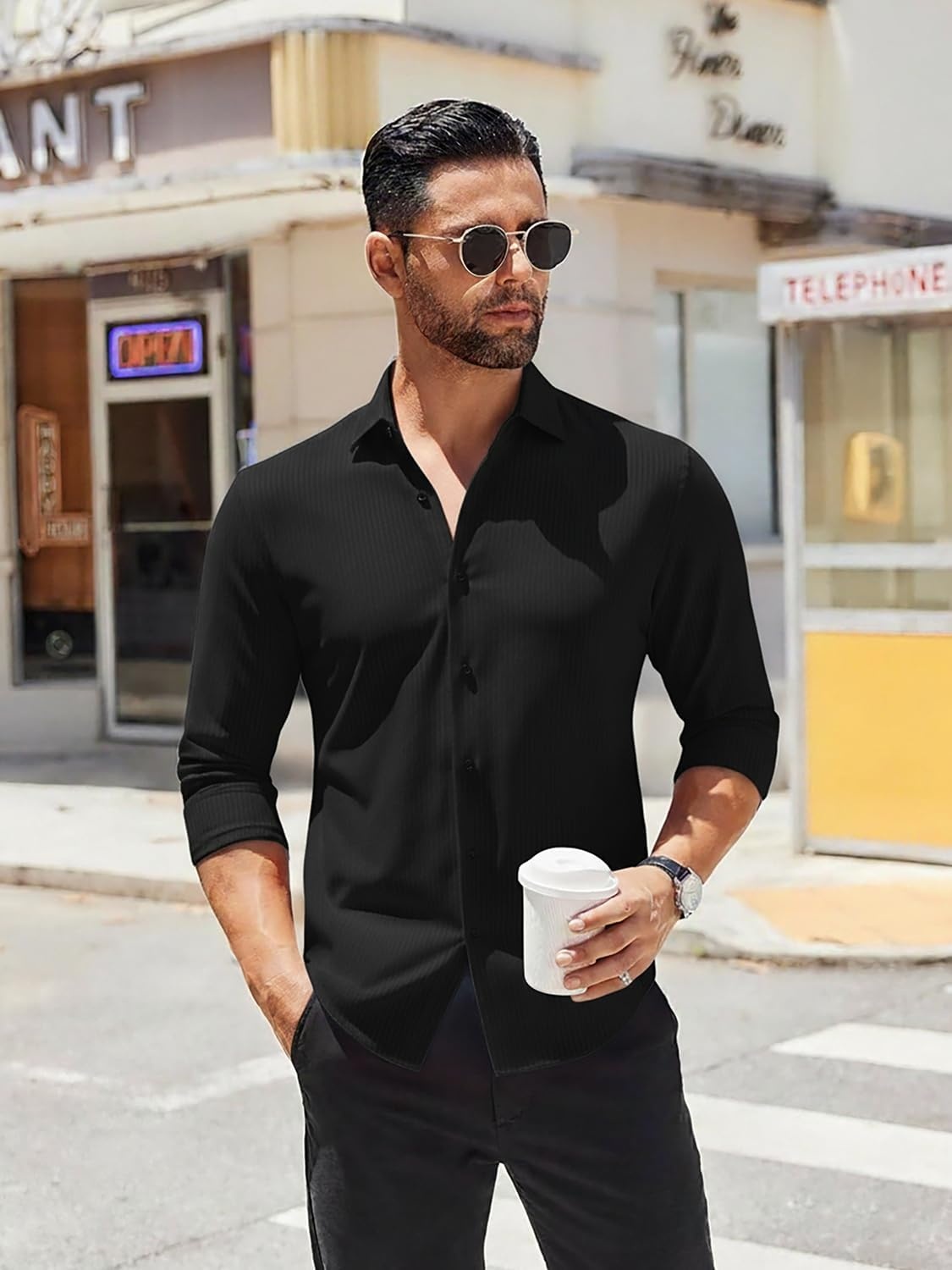 image:imageSAMERM Mens Dress Shirt Stretch Wrinkle Free Casual Button Down Shirts 4Way Stretch amp Moisture Wicking Performance Shirt for Business Wedding Work Church Easy Care Lightweight amp BreathableBlack
