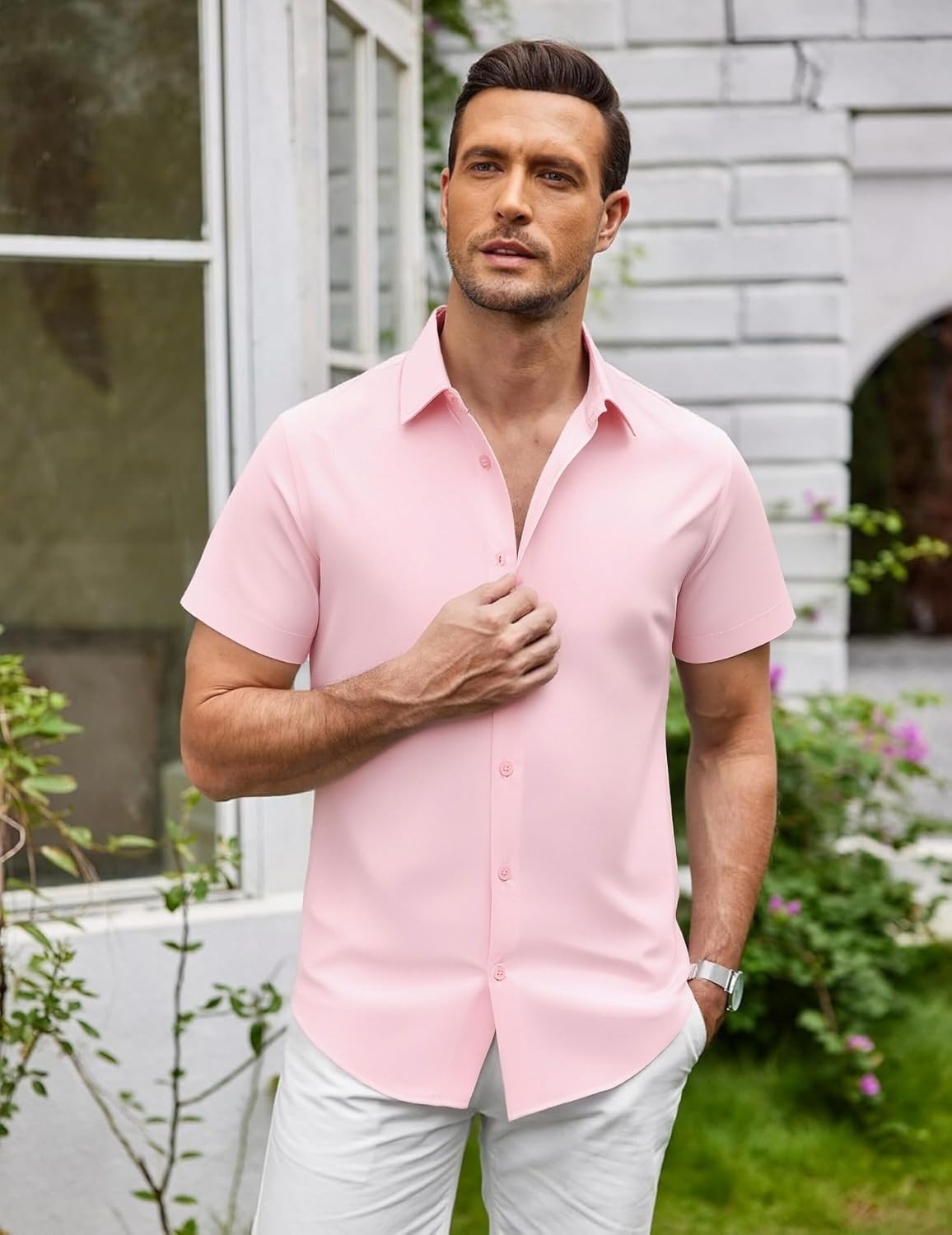 image:imageSAMERM Mens Dress Shirt Stretch Wrinkle Free Casual Button Down Shirts 4Way Stretch amp Moisture Wicking Performance Shirt for Business Wedding Work Church Easy Care Lightweight amp BreathableA11pink
