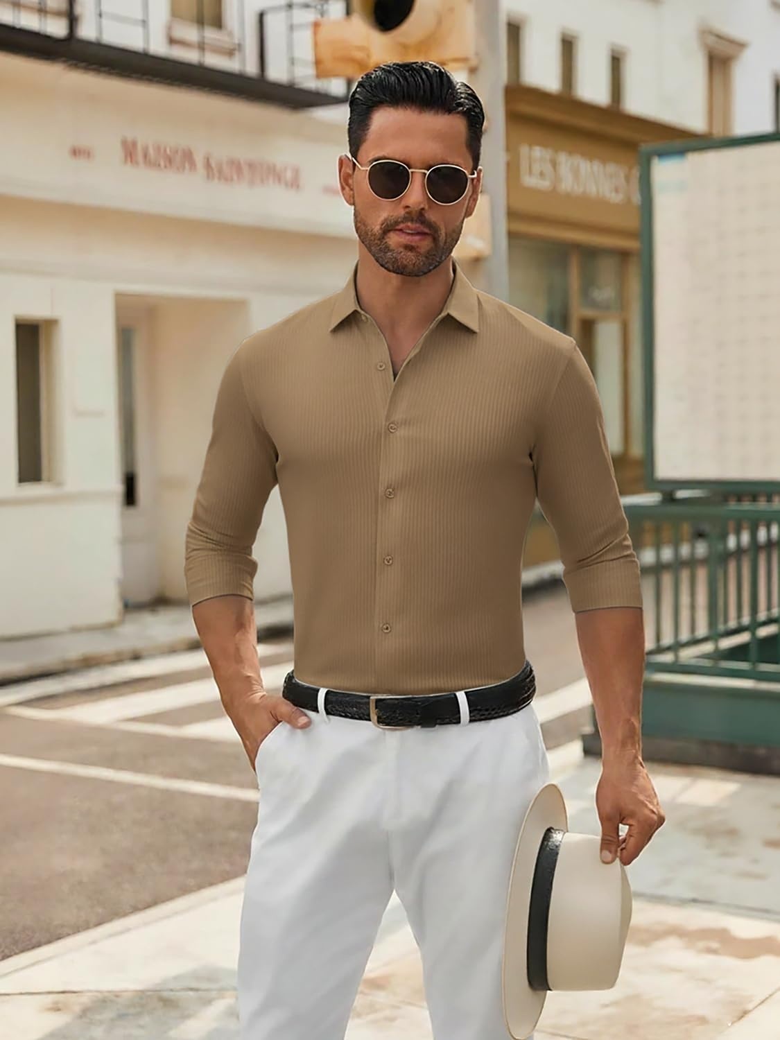 image:imageSAMERM Mens Dress Shirt Stretch Wrinkle Free Casual Button Down Shirts 4Way Stretch amp Moisture Wicking Performance Shirt for Business Wedding Work Church Easy Care Lightweight amp BreathableD6brown