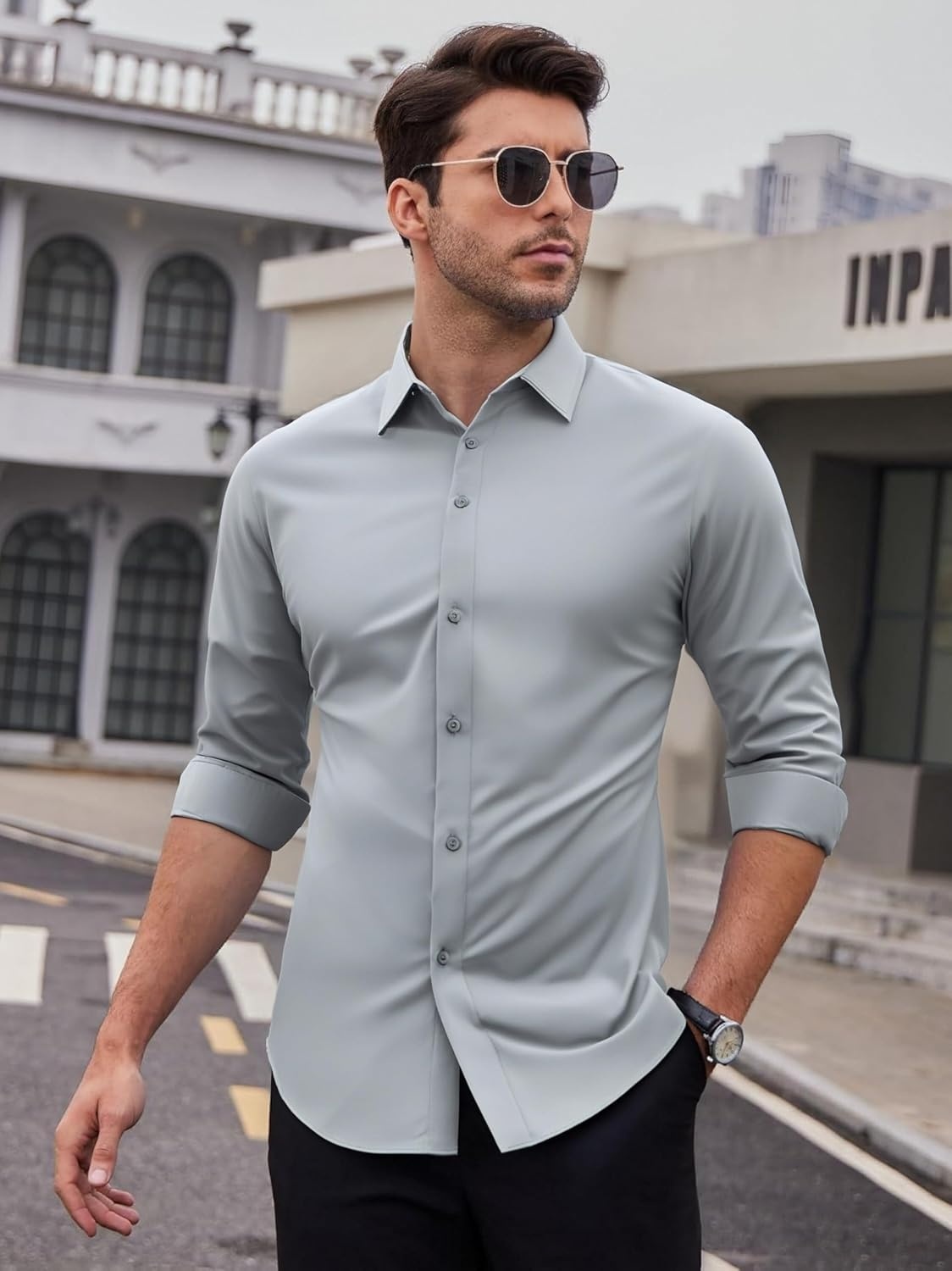 image:imageSAMERM Mens Dress Shirt Stretch Wrinkle Free Casual Button Down Shirts 4Way Stretch amp Moisture Wicking Performance Shirt for Business Wedding Work Church Easy Care Lightweight amp BreathableB5grey
