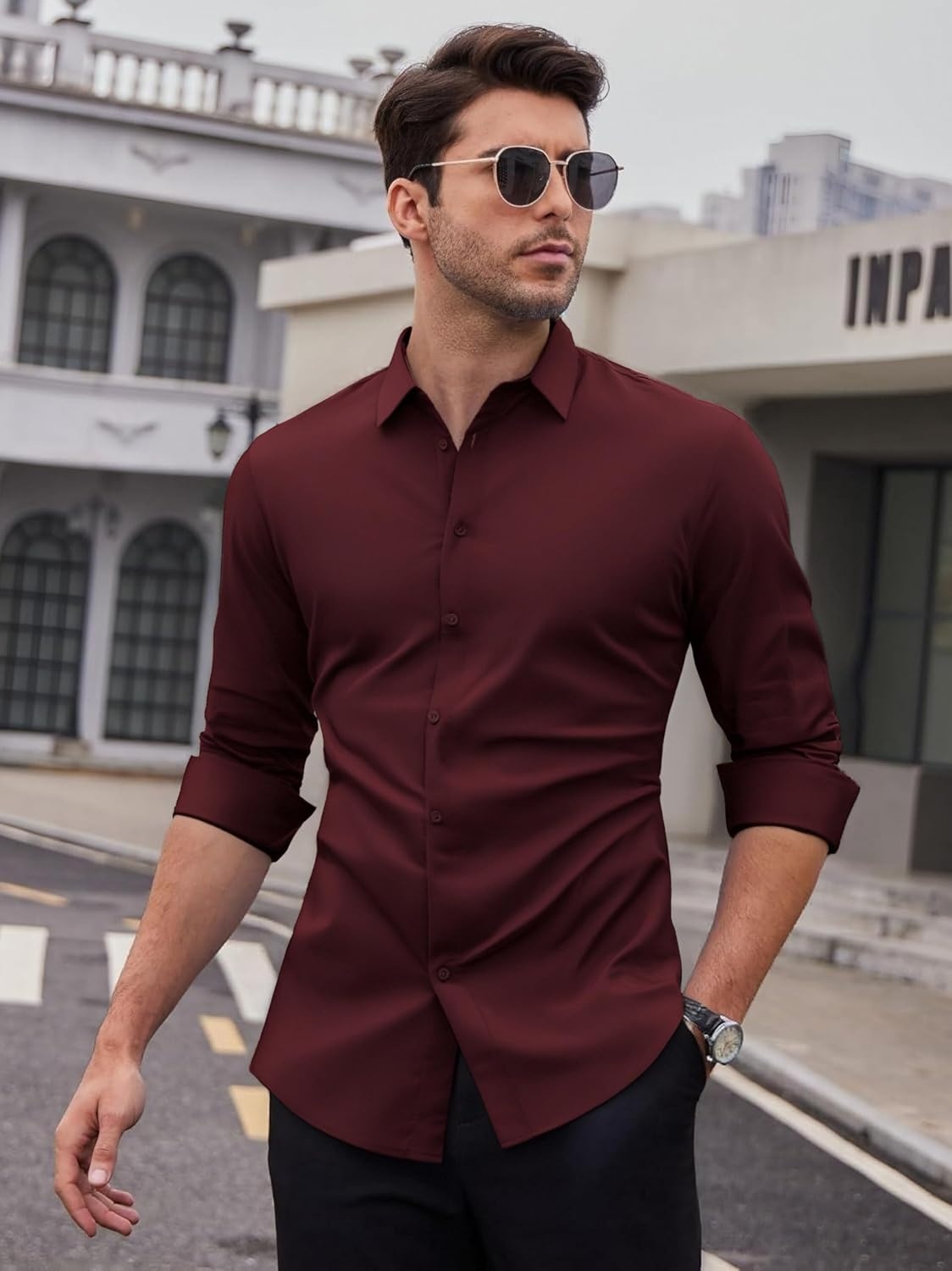 image:imageSAMERM Mens Dress Shirt Stretch Wrinkle Free Casual Button Down Shirts 4Way Stretch amp Moisture Wicking Performance Shirt for Business Wedding Work Church Easy Care Lightweight amp BreathableB6wine