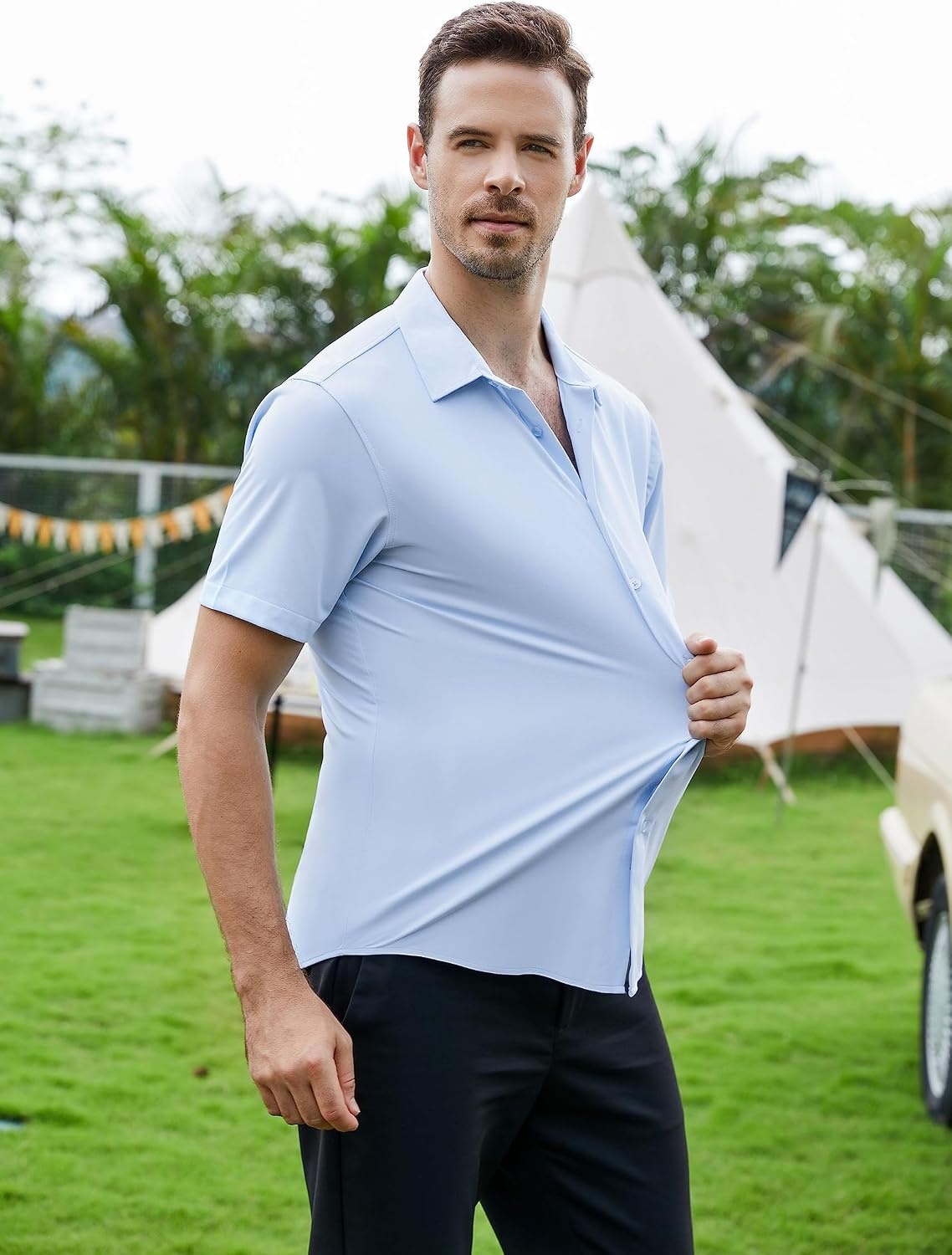 image:imageSAMERM Mens Dress Shirt Stretch Wrinkle Free Casual Button Down Shirts 4Way Stretch amp Moisture Wicking Performance Shirt for Business Wedding Work Church Easy Care Lightweight amp BreathableA3blue