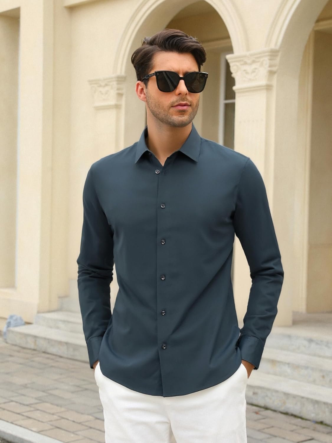 image:imageSAMERM Mens Dress Shirt Stretch Wrinkle Free Casual Button Down Shirts 4Way Stretch amp Moisture Wicking Performance Shirt for Business Wedding Work Church Easy Care Lightweight amp BreathableB4navy