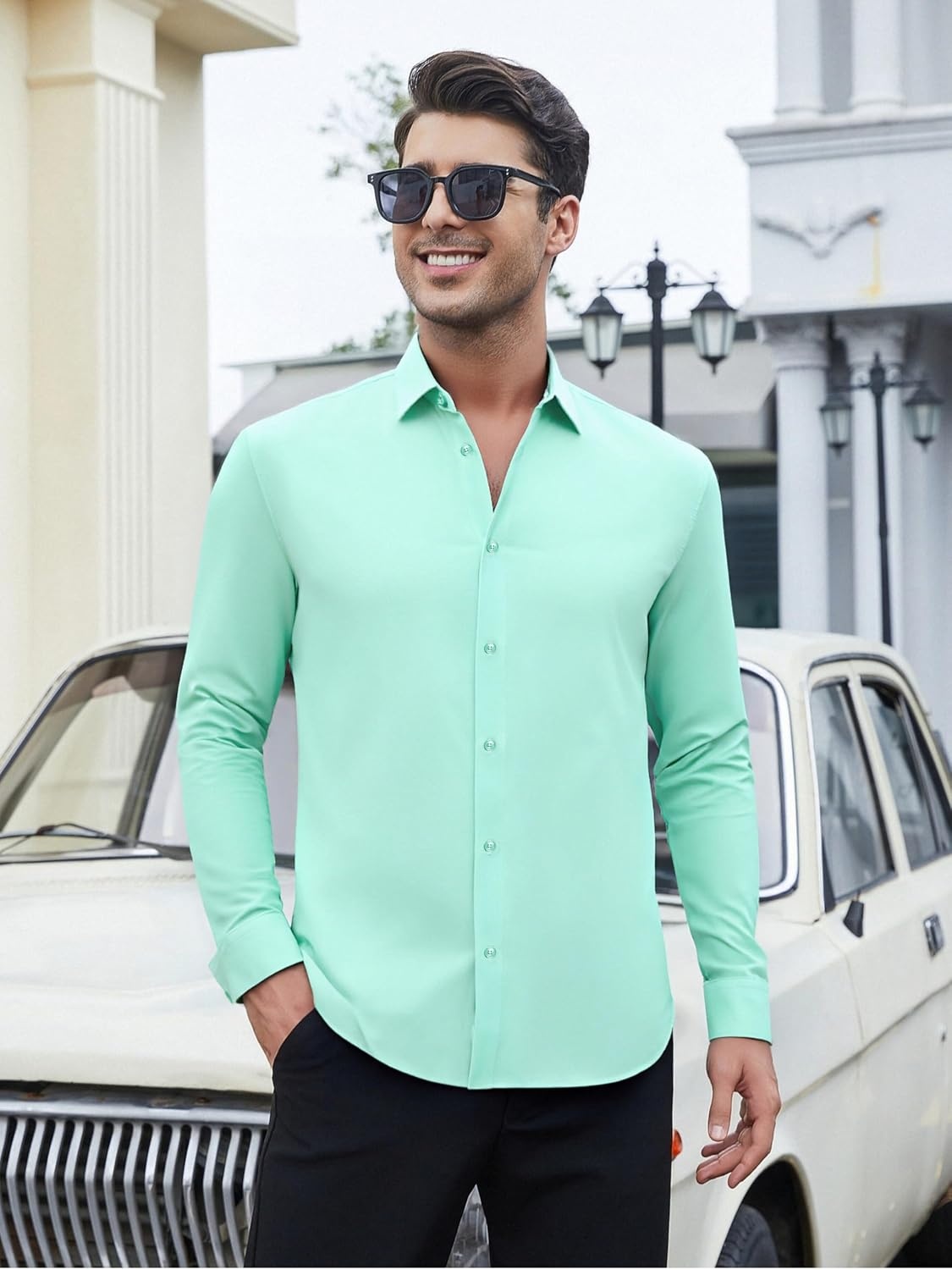 image:imageSAMERM Mens Dress Shirt Stretch Wrinkle Free Casual Button Down Shirts 4Way Stretch amp Moisture Wicking Performance Shirt for Business Wedding Work Church Easy Care Lightweight amp BreathableB12light Green
