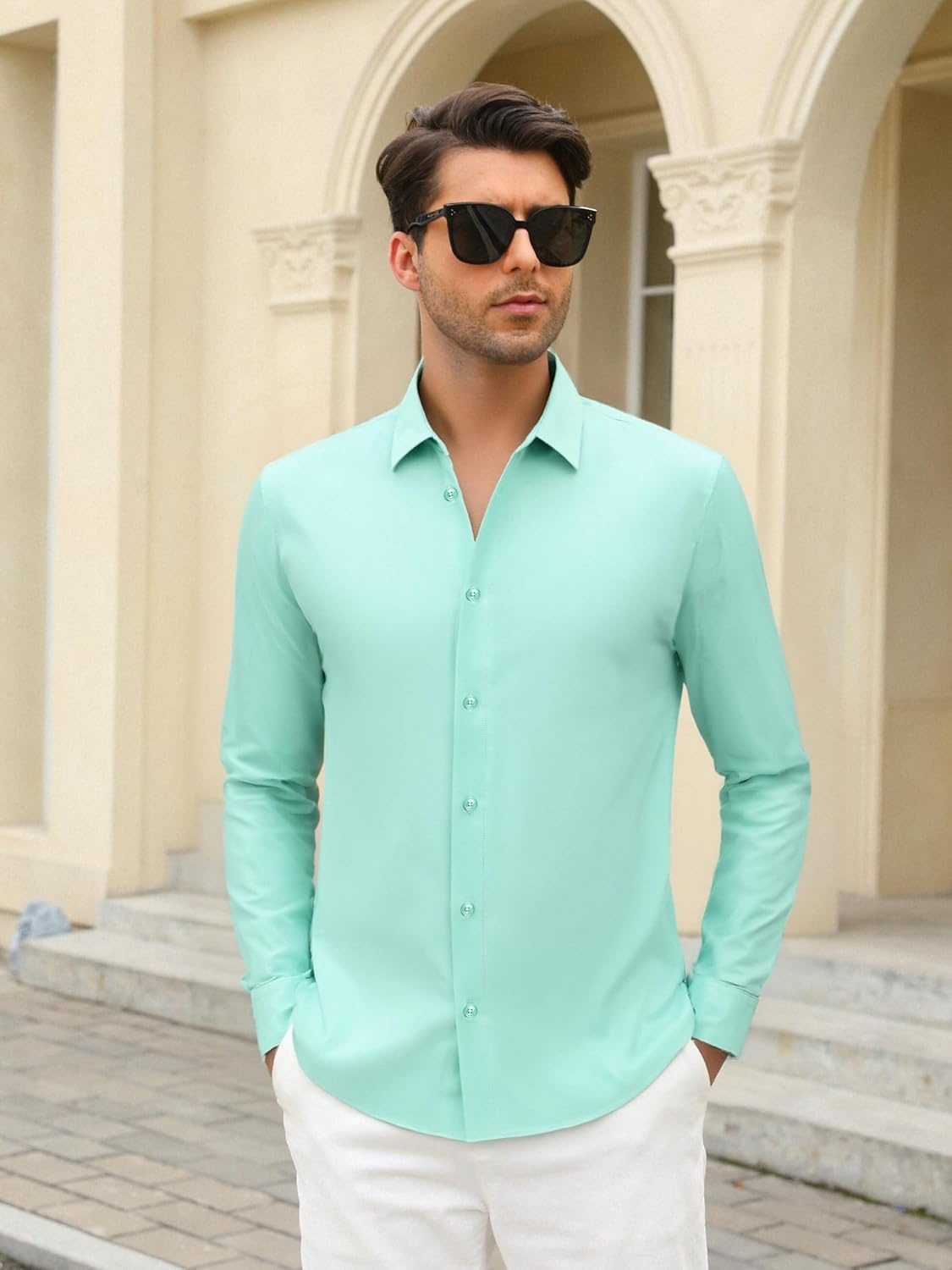image:imageSAMERM Mens Dress Shirt Stretch Wrinkle Free Casual Button Down Shirts 4Way Stretch amp Moisture Wicking Performance Shirt for Business Wedding Work Church Easy Care Lightweight amp BreathableB12light Green