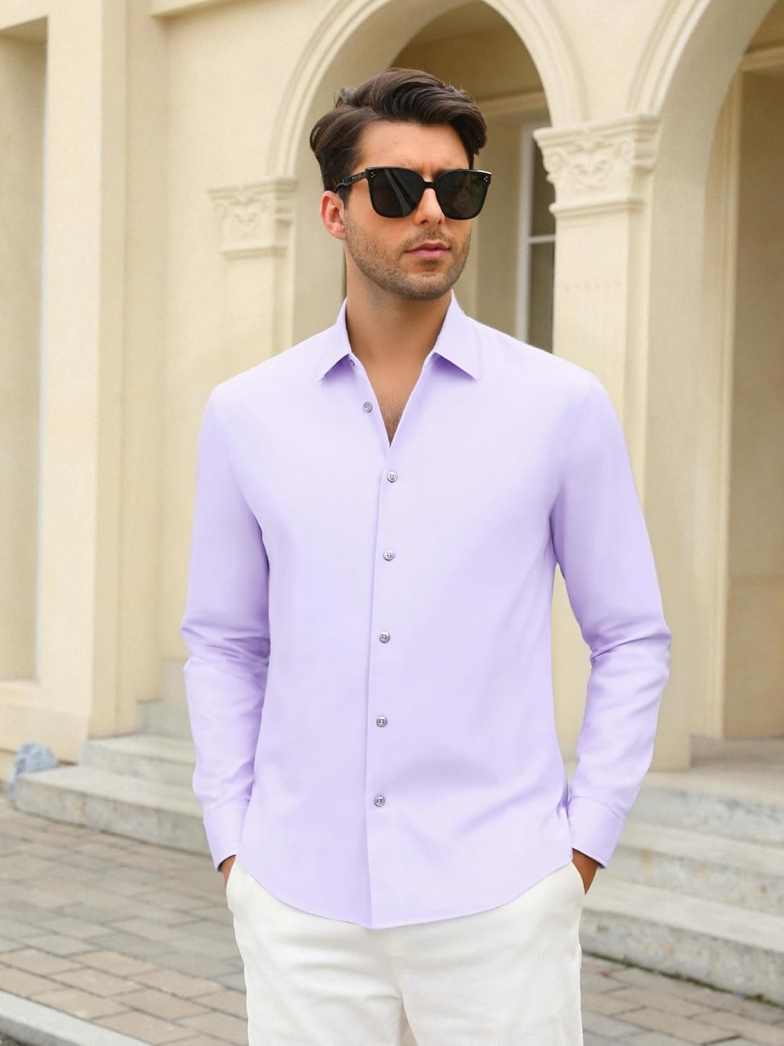 image:imageSAMERM Mens Dress Shirt Stretch Wrinkle Free Casual Button Down Shirts 4Way Stretch amp Moisture Wicking Performance Shirt for Business Wedding Work Church Easy Care Lightweight amp BreathableB7purple