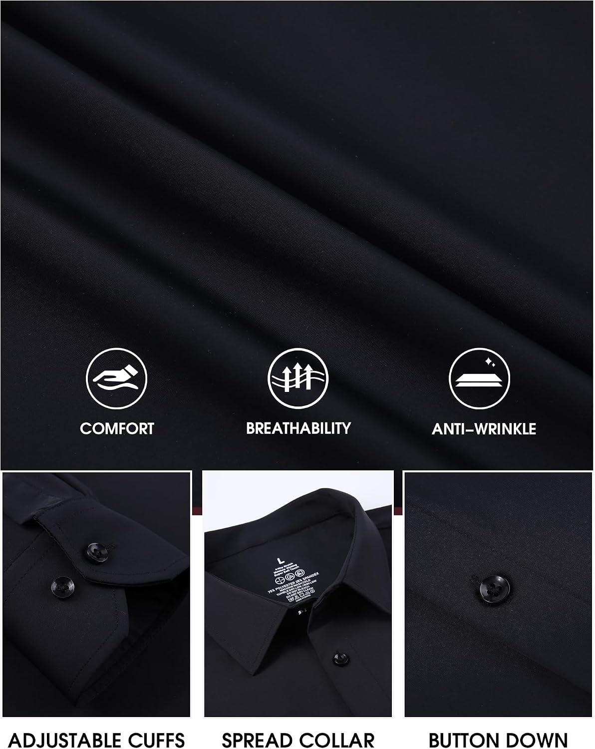 image:imageSAMERM Mens Dress Shirt Stretch Wrinkle Free Casual Button Down Shirts 4Way Stretch amp Moisture Wicking Performance Shirt for Business Wedding Work Church Easy Care Lightweight amp BreathableB2black